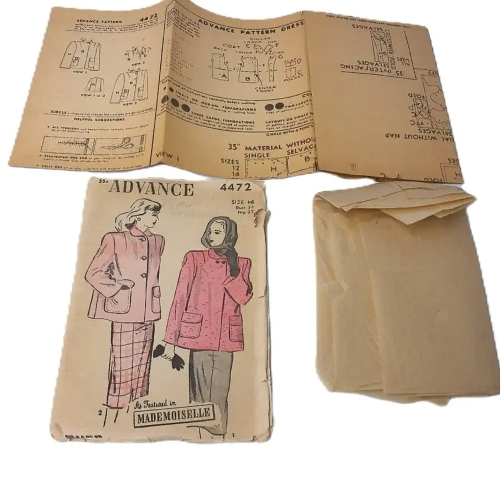 Vintage 1940s Advance 4472 Boxy Car Coat Skirt Pattern Mademoiselle Bust 34